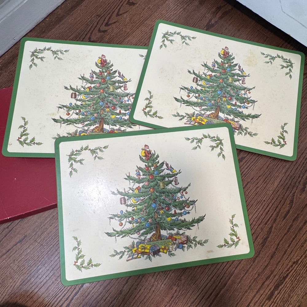 Vtg Spode Placemats Christmas Tree England Cork Back Hardboard Acrylic Set of 3